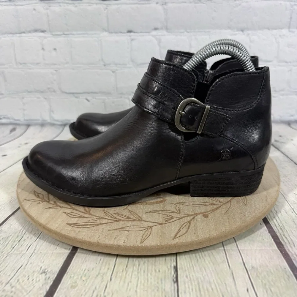 Born Kati Leather Wedge Ankle Boots Women Size 8 Black Leather Booties Western